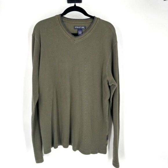 Vintage Y2K Mens Structure Waffle Henley Long Sleeve Popover Olive Green Large - Picture 1 of 8